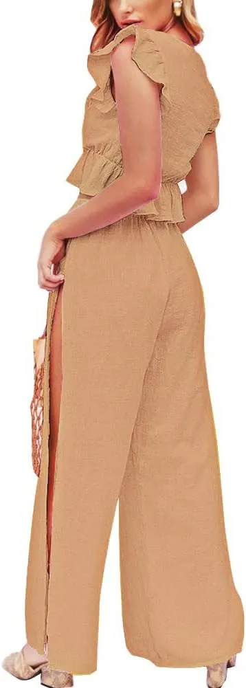 FANCYINN Womens 2 Pieces Outfits Deep V Neck Crop Top Side Slit Drawstring Wide Leg Pants Set Jumpsuits