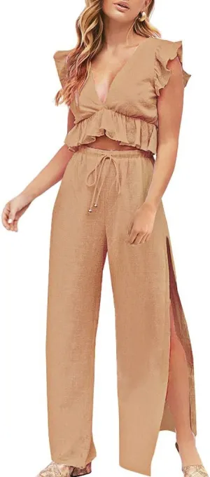 FANCYINN Womens 2 Pieces Outfits Deep V Neck Crop Top Side Slit Drawstring Wide Leg Pants Set Jumpsuits