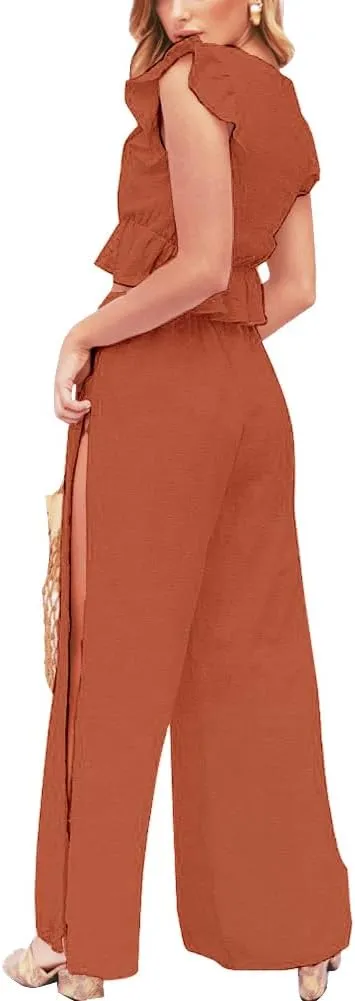 FANCYINN Womens 2 Pieces Outfits Deep V Neck Crop Top Side Slit Drawstring Wide Leg Pants Set Jumpsuits