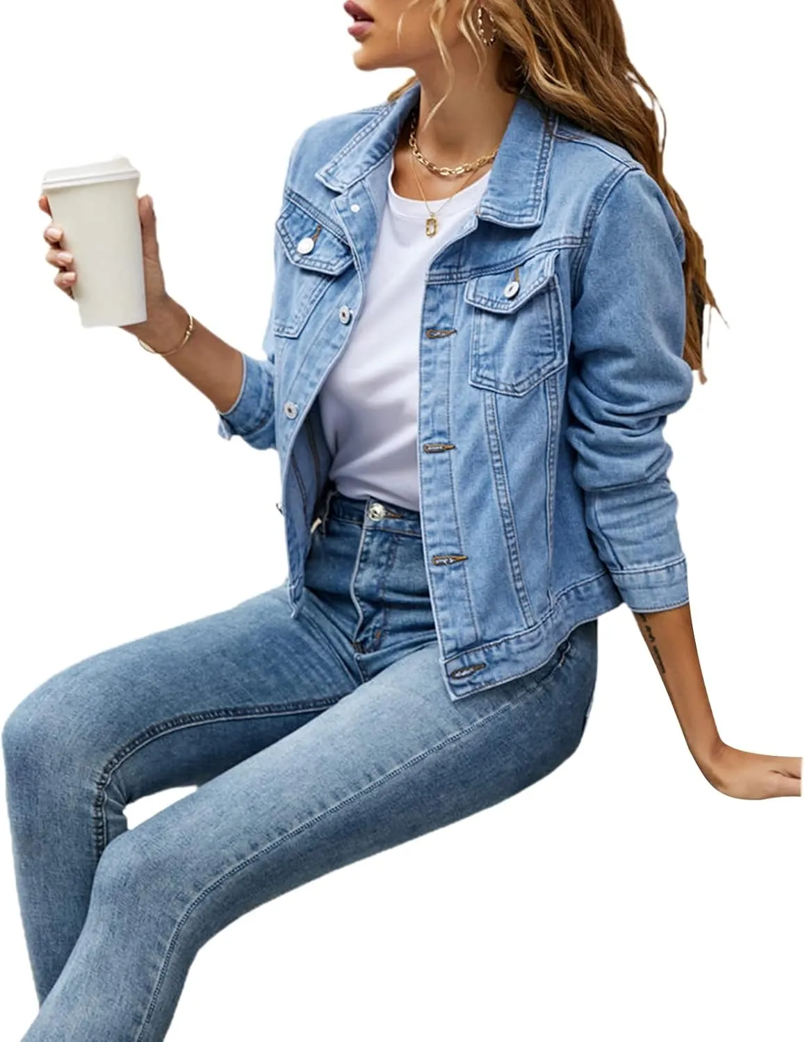 Fanvereka Jean Jackets for Women Fashion Casual Denim Jacket Long Sleeve Button Down Chest Pocket Coat