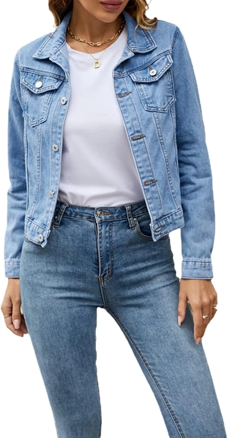 Fanvereka Jean Jackets for Women Fashion Casual Denim Jacket Long Sleeve Button Down Chest Pocket Coat