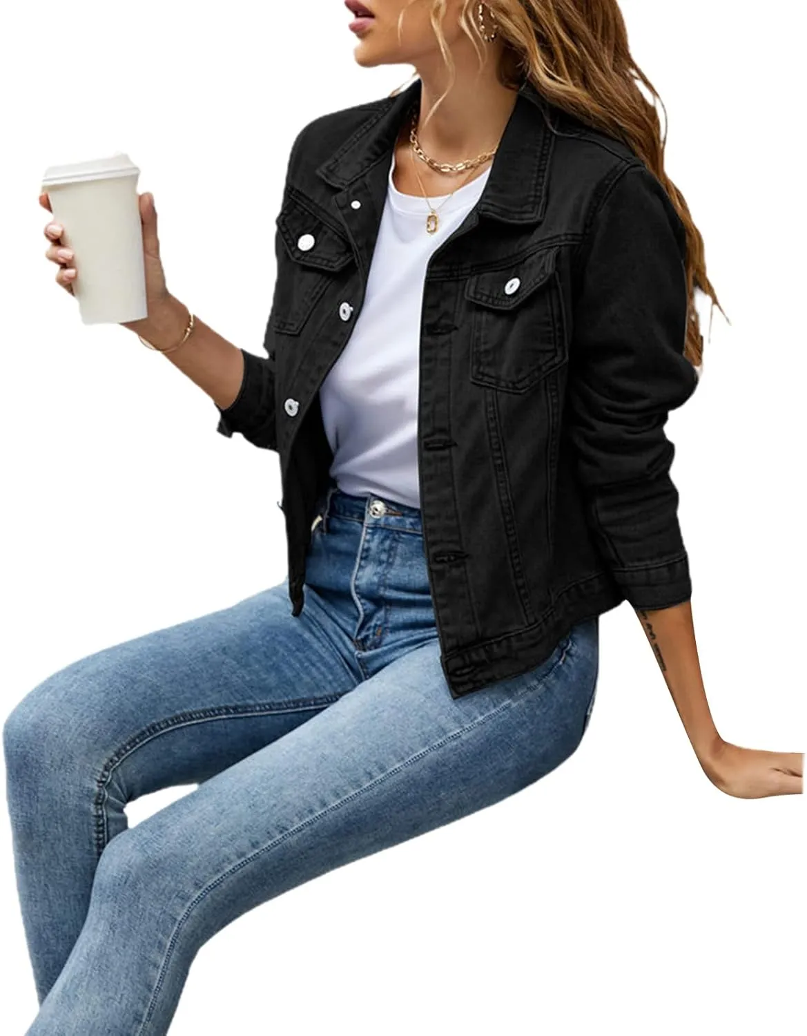 Fanvereka Jean Jackets for Women Fashion Casual Denim Jacket Long Sleeve Button Down Chest Pocket Coat
