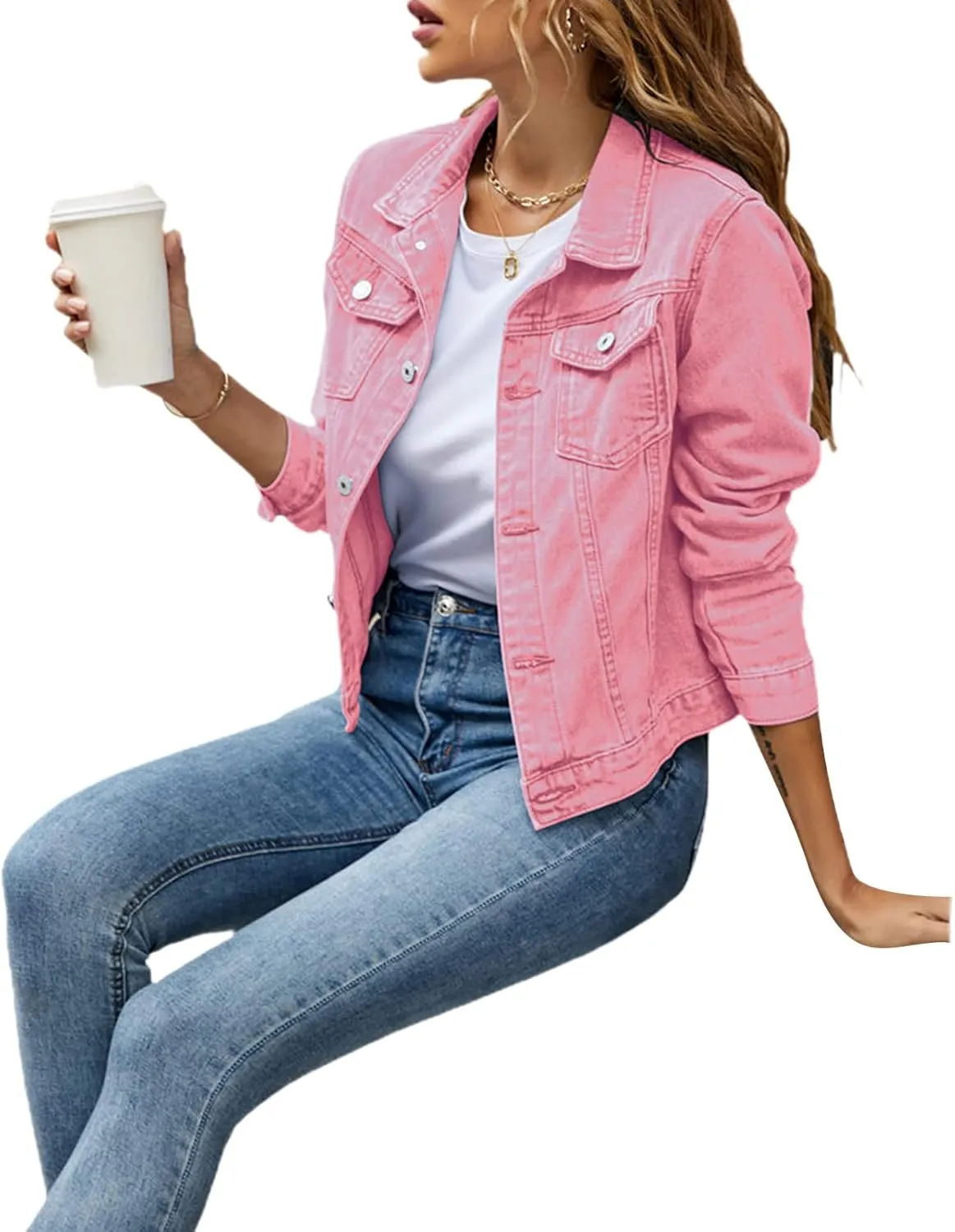 Fanvereka Jean Jackets for Women Fashion Casual Denim Jacket Long Sleeve Button Down Chest Pocket Coat