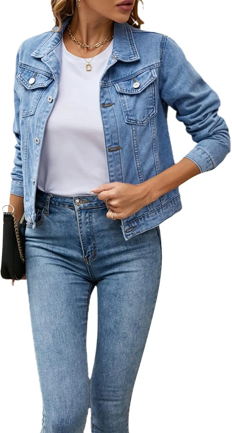 Fanvereka Jean Jackets for Women Fashion Casual Denim Jacket Long Sleeve Button Down Chest Pocket Coat