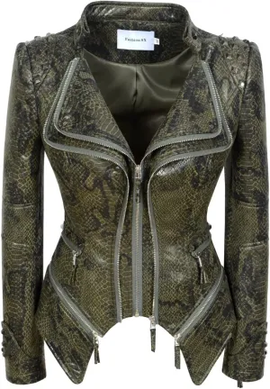 Fashion SX Women's Snake Pattern Rivet Studded PU Faux Leather Jacket Moto Biker Coat
