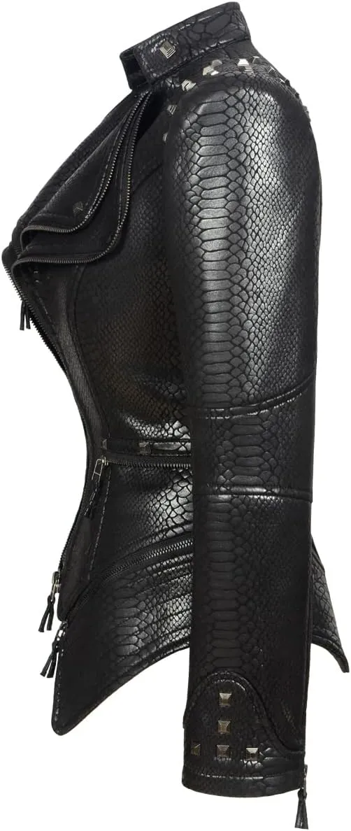 Fashion SX Women's Snake Pattern Rivet Studded PU Faux Leather Jacket Moto Biker Coat