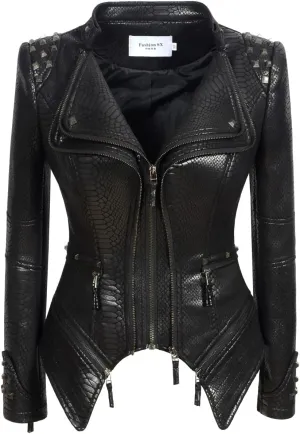 Fashion SX Women's Snake Pattern Rivet Studded PU Faux Leather Jacket Moto Biker Coat