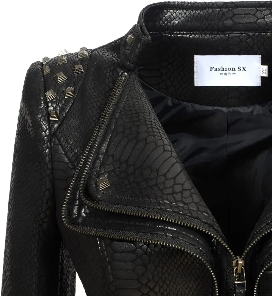 Fashion SX Women's Snake Pattern Rivet Studded PU Faux Leather Jacket Moto Biker Coat