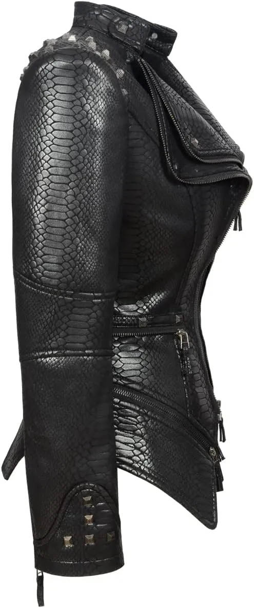 Fashion SX Women's Snake Pattern Rivet Studded PU Faux Leather Jacket Moto Biker Coat