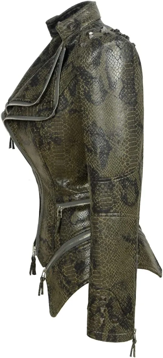 Fashion SX Women's Snake Pattern Rivet Studded PU Faux Leather Jacket Moto Biker Coat