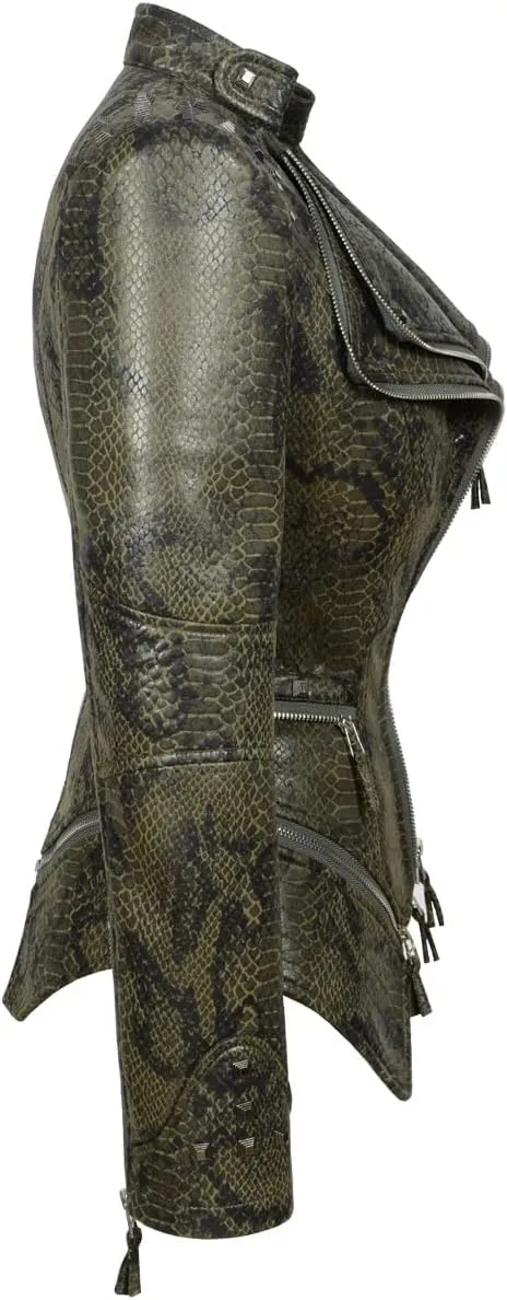Fashion SX Women's Snake Pattern Rivet Studded PU Faux Leather Jacket Moto Biker Coat