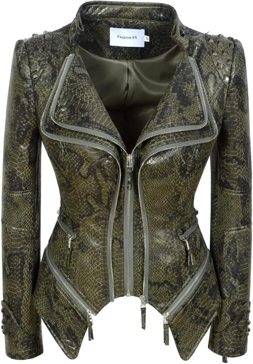 Fashion SX Women's Snake Pattern Rivet Studded PU Faux Leather Jacket Moto Biker Coat