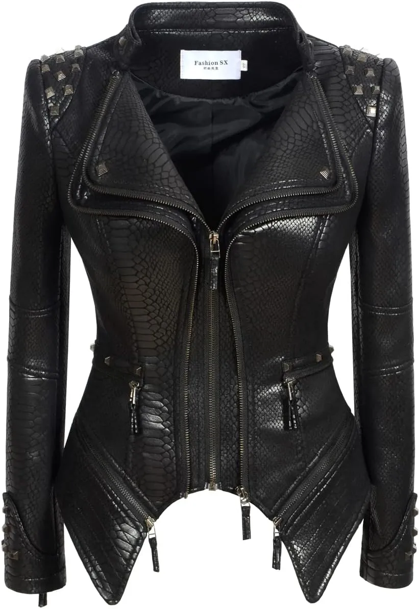 Fashion SX Women's Snake Pattern Rivet Studded PU Faux Leather Jacket Moto Biker Coat