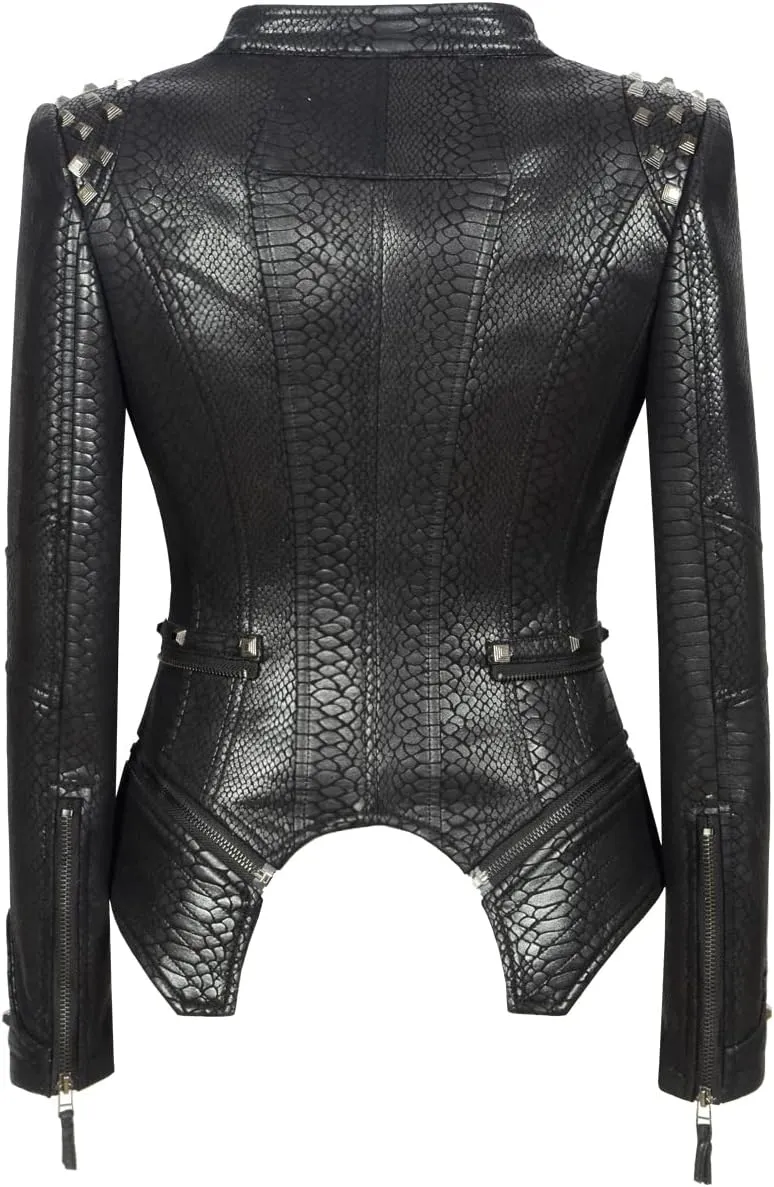Fashion SX Women's Snake Pattern Rivet Studded PU Faux Leather Jacket Moto Biker Coat