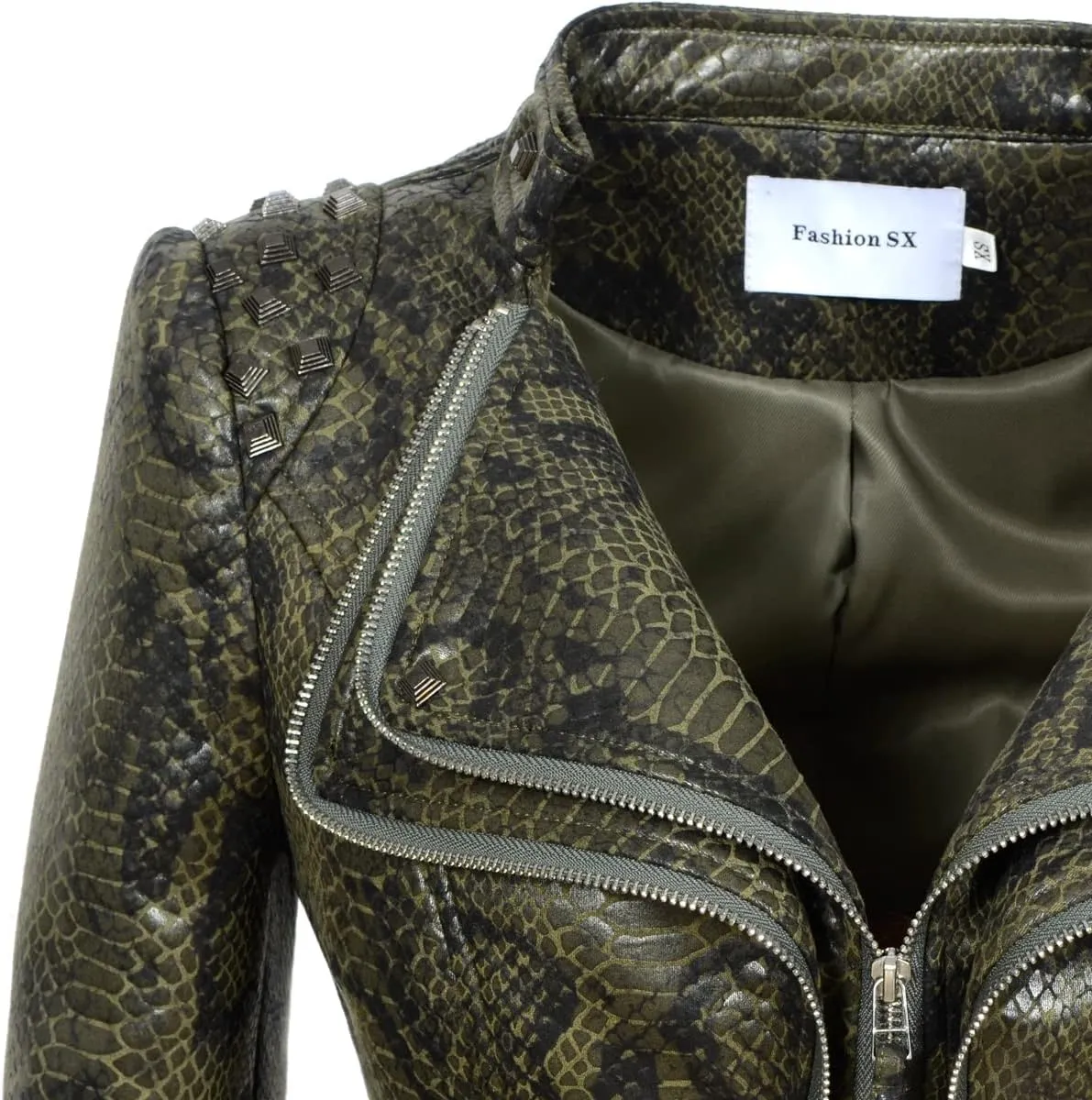 Fashion SX Women's Snake Pattern Rivet Studded PU Faux Leather Jacket Moto Biker Coat