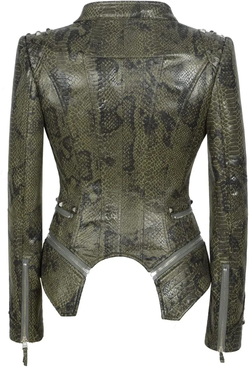 Fashion SX Women's Snake Pattern Rivet Studded PU Faux Leather Jacket Moto Biker Coat