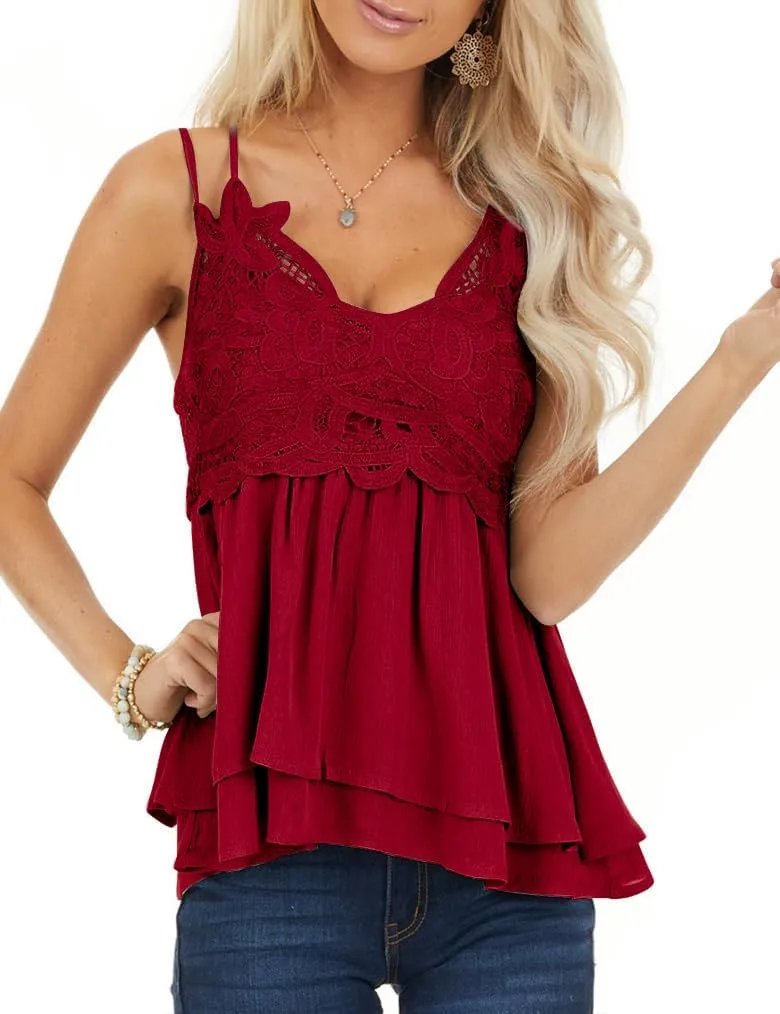 Feager Lace Tank Tops for Women Summer Spaghetti Strap Babydoll Tops Chiffon Cami Sleeveless Shirts