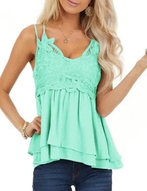Feager Lace Tank Tops for Women Summer Spaghetti Strap Babydoll Tops Chiffon Cami Sleeveless Shirts