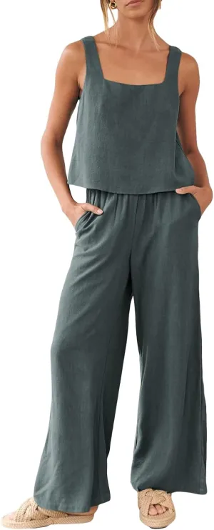 FEORJGP Womens Summer Two Piece Linen Pants Set Outfit 2 Piece Tank Tops with High Waist Trousers 2Pcs Clothes Set Loungewear