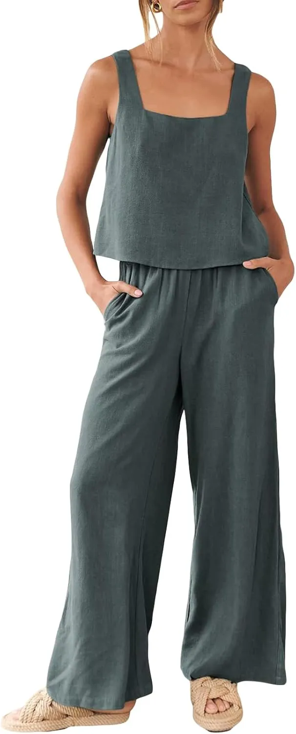 FEORJGP Womens Summer Two Piece Linen Pants Set Outfit 2 Piece Tank Tops with High Waist Trousers 2Pcs Clothes Set Loungewear