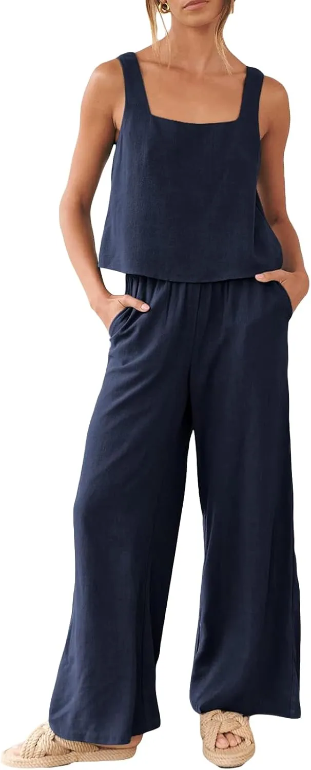 FEORJGP Womens Summer Two Piece Linen Pants Set Outfit 2 Piece Tank Tops with High Waist Trousers 2Pcs Clothes Set Loungewear