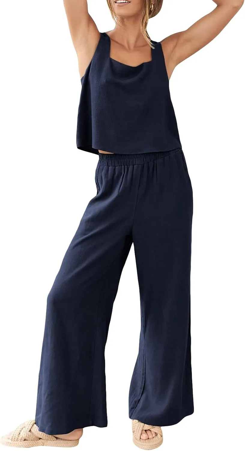 FEORJGP Womens Summer Two Piece Linen Pants Set Outfit 2 Piece Tank Tops with High Waist Trousers 2Pcs Clothes Set Loungewear