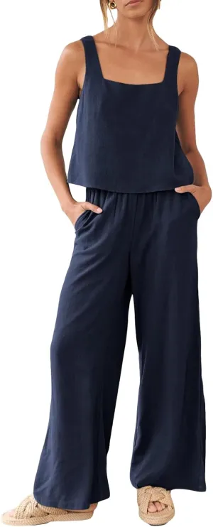 FEORJGP Womens Summer Two Piece Linen Pants Set Outfit 2 Piece Tank Tops with High Waist Trousers 2Pcs Clothes Set Loungewear