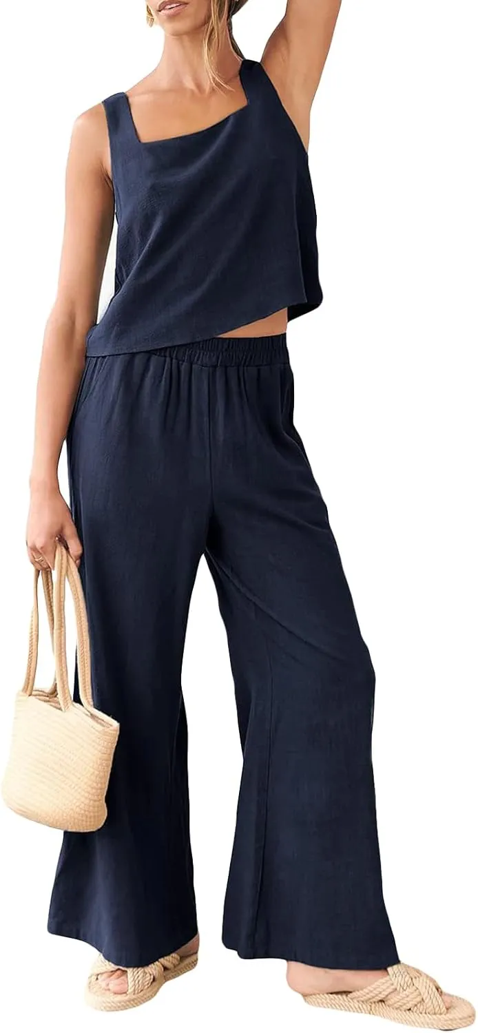 FEORJGP Womens Summer Two Piece Linen Pants Set Outfit 2 Piece Tank Tops with High Waist Trousers 2Pcs Clothes Set Loungewear