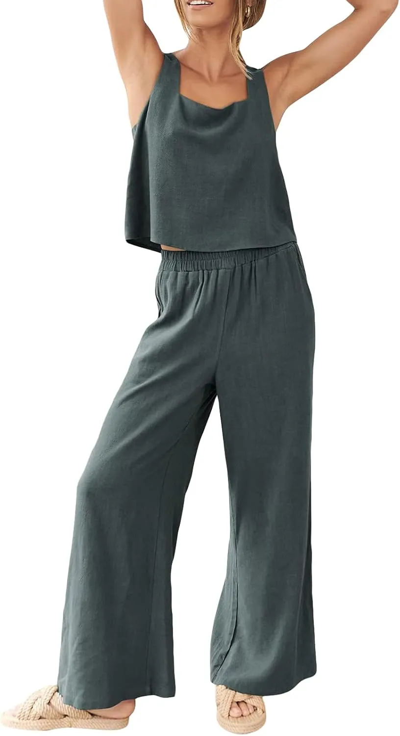 FEORJGP Womens Summer Two Piece Linen Pants Set Outfit 2 Piece Tank Tops with High Waist Trousers 2Pcs Clothes Set Loungewear