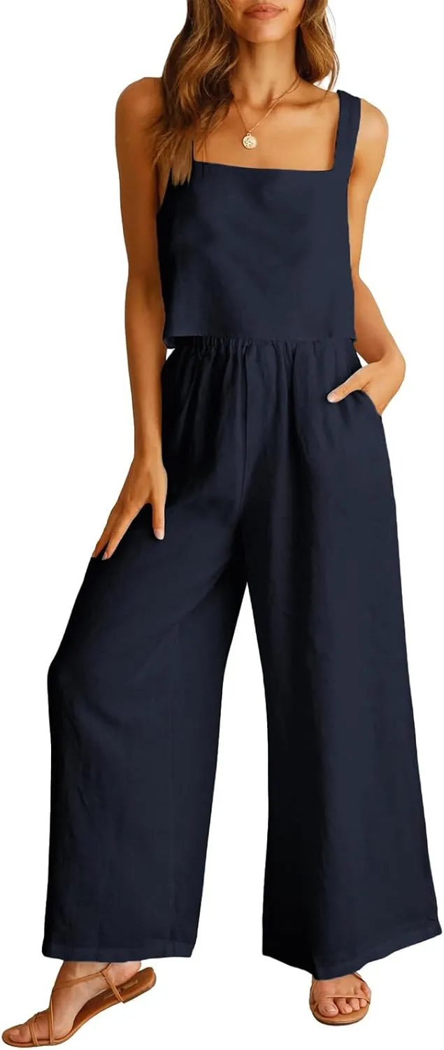 FEORJGP Womens Summer Two Piece Linen Pants Set Outfit 2 Piece Tank Tops with High Waist Trousers 2Pcs Clothes Set Loungewear