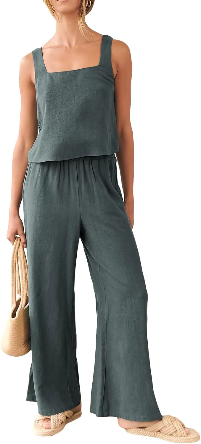FEORJGP Womens Summer Two Piece Linen Pants Set Outfit 2 Piece Tank Tops with High Waist Trousers 2Pcs Clothes Set Loungewear