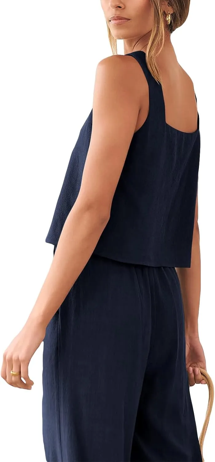 FEORJGP Womens Summer Two Piece Linen Pants Set Outfit 2 Piece Tank Tops with High Waist Trousers 2Pcs Clothes Set Loungewear