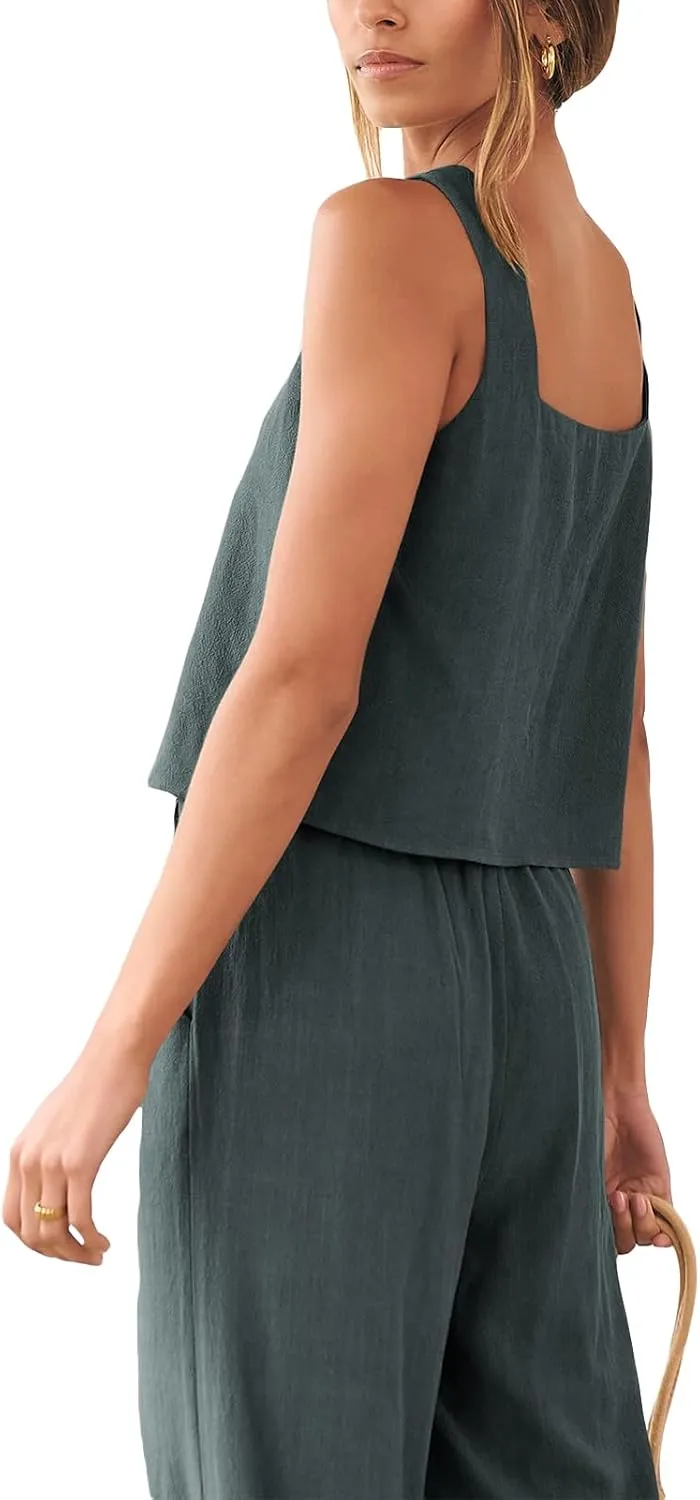 FEORJGP Womens Summer Two Piece Linen Pants Set Outfit 2 Piece Tank Tops with High Waist Trousers 2Pcs Clothes Set Loungewear