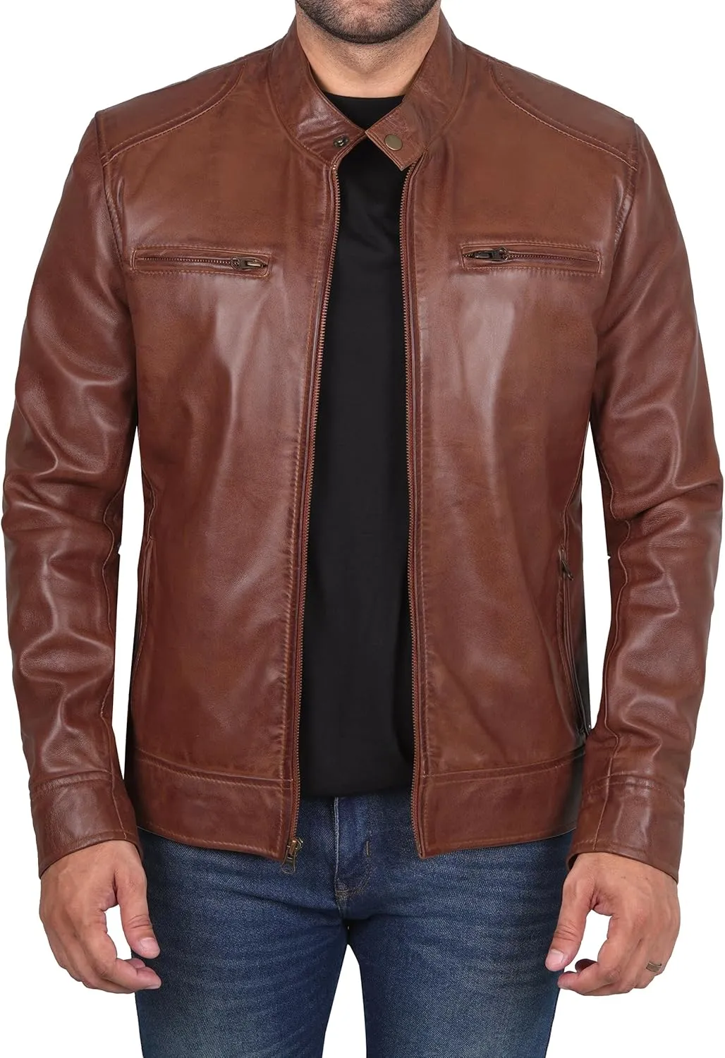 fjackets Men's Motorcycle Leather Jacket - Vintage Stylish Soft Lambskin Real Leather Biker Jacket Men