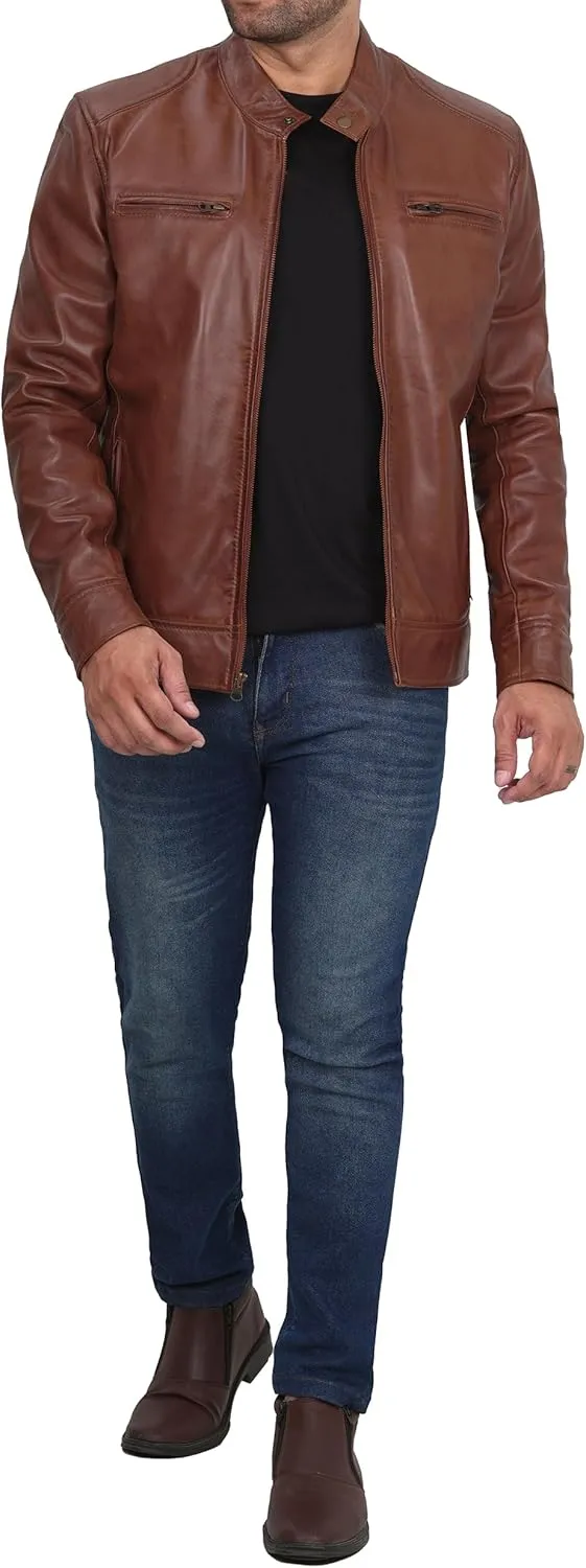 fjackets Men's Motorcycle Leather Jacket - Vintage Stylish Soft Lambskin Real Leather Biker Jacket Men