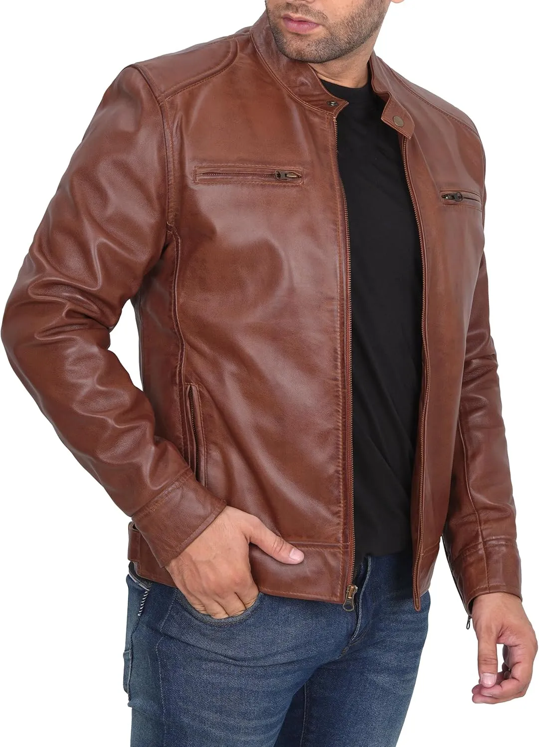 fjackets Men's Motorcycle Leather Jacket - Vintage Stylish Soft Lambskin Real Leather Biker Jacket Men