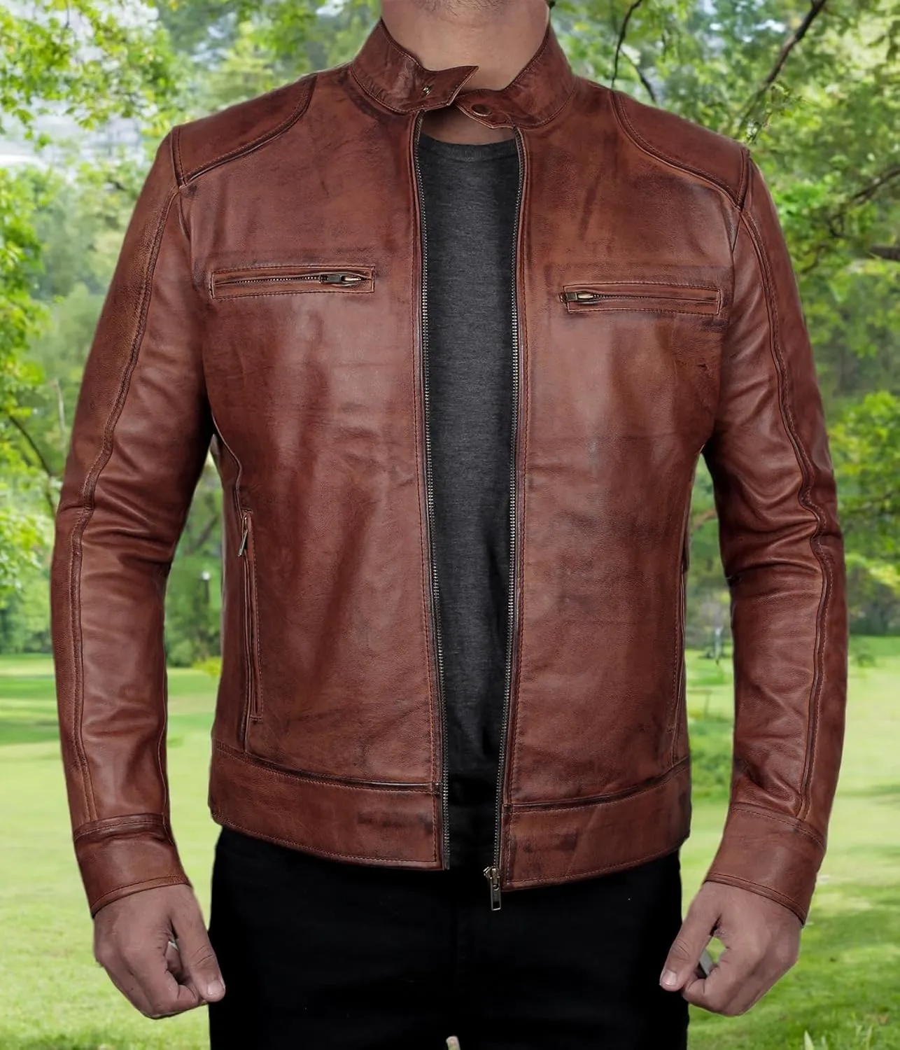 fjackets Men's Motorcycle Leather Jacket - Vintage Stylish Soft Lambskin Real Leather Biker Jacket Men