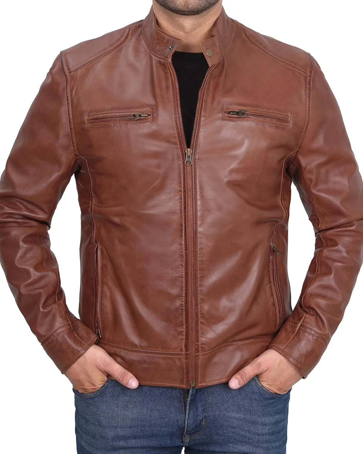 fjackets Men's Motorcycle Leather Jacket - Vintage Stylish Soft Lambskin Real Leather Biker Jacket Men