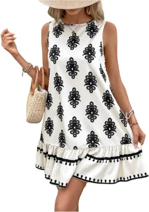 Floral Dress for Women Wedding Guest Crewneck Sleeveless Cute Summer Dresses Casual Mini Boho Ruffle Short Flowy Dress
