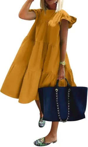 Flowy Dresses for Women Crewneck Ruffle Short Sleeve Midi Dress Tiered Boho Casual Loose Fit Beach Vacation Dresses
