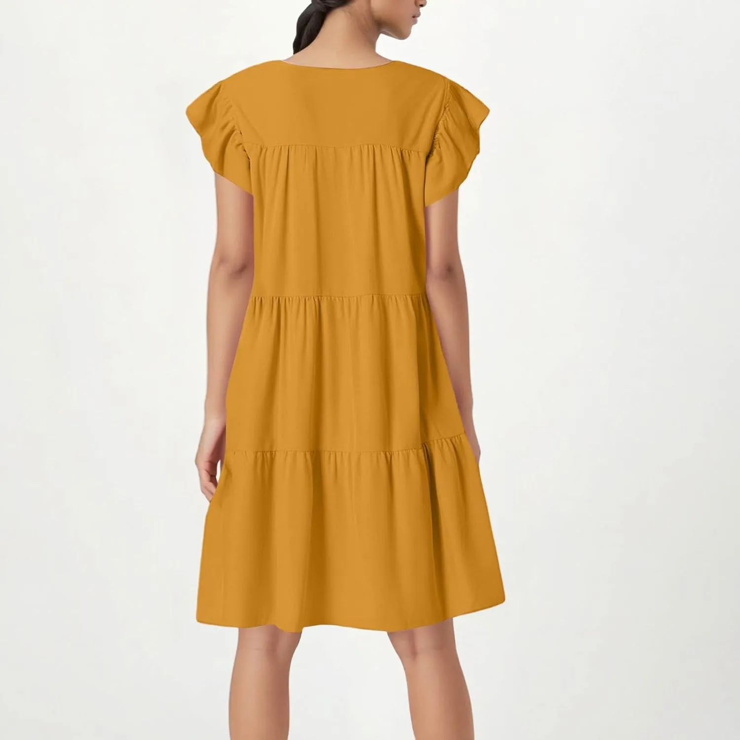 Flowy Dresses for Women Crewneck Ruffle Short Sleeve Midi Dress Tiered Boho Casual Loose Fit Beach Vacation Dresses