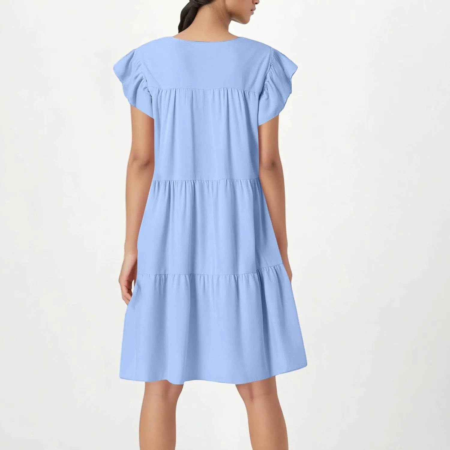 Flowy Dresses for Women Crewneck Ruffle Short Sleeve Midi Dress Tiered Boho Casual Loose Fit Beach Vacation Dresses