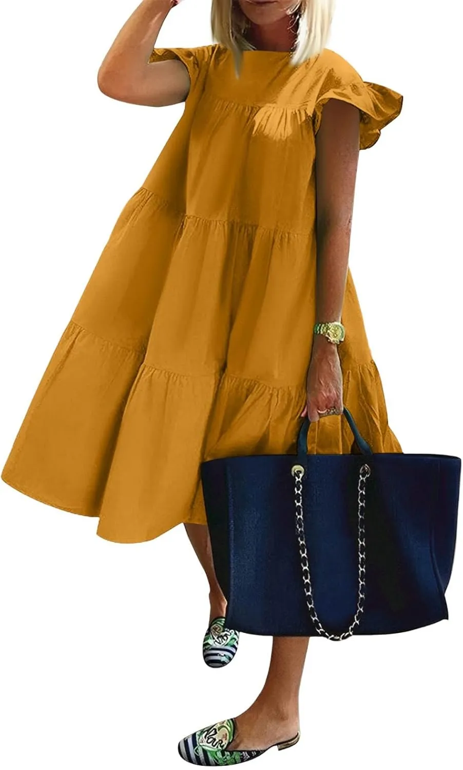 Flowy Dresses for Women Crewneck Ruffle Short Sleeve Midi Dress Tiered Boho Casual Loose Fit Beach Vacation Dresses