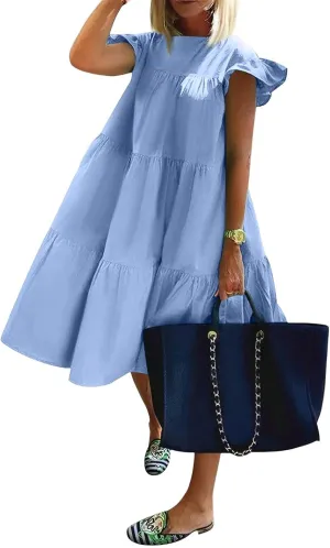 Flowy Dresses for Women Crewneck Ruffle Short Sleeve Midi Dress Tiered Boho Casual Loose Fit Beach Vacation Dresses
