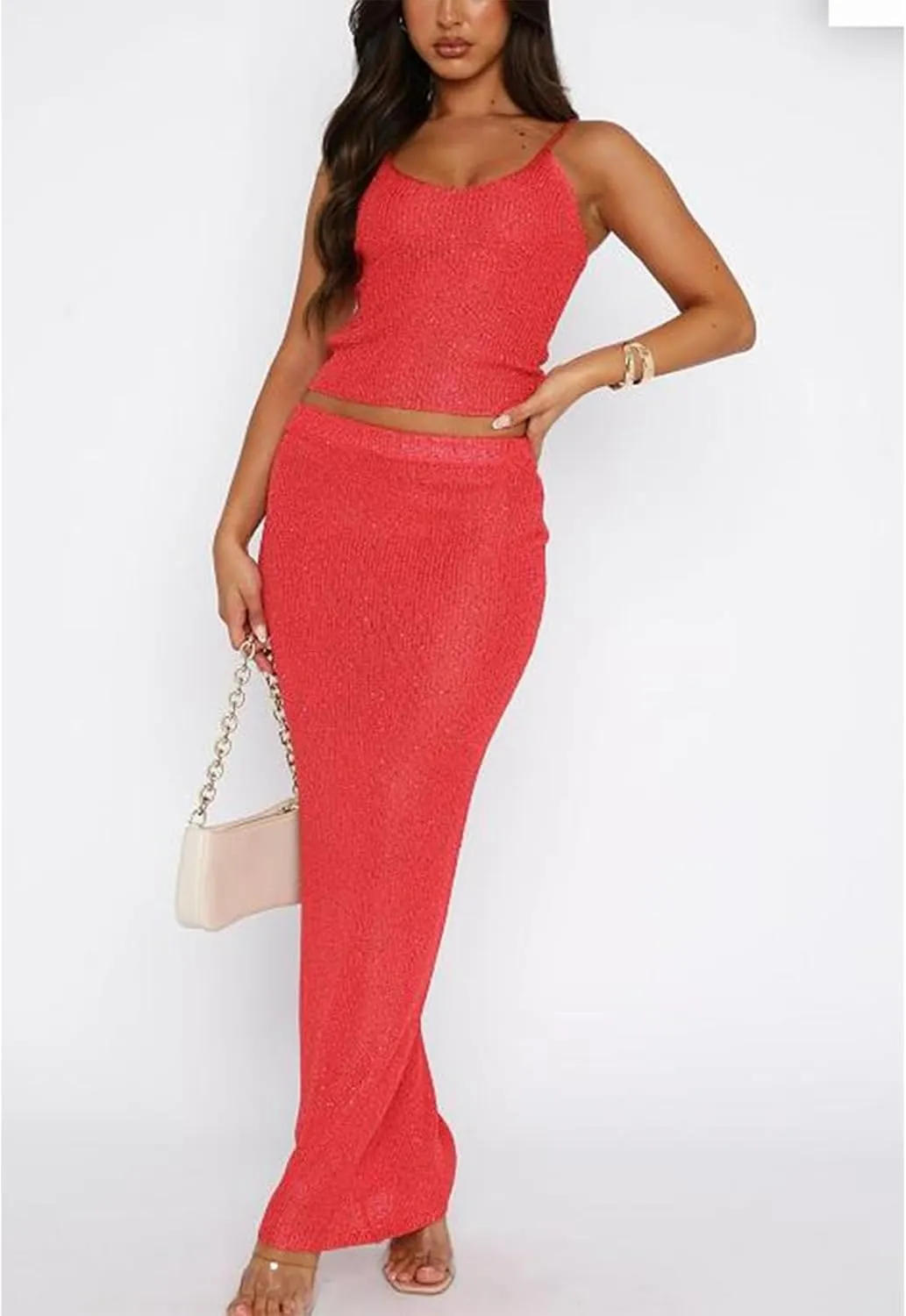 FOMOYUU Two Piece Skirt Set for Women Sexy 2 Piece Sleeveless Spaghetti Strap Tank Top Bodycon Maxi Long Skirts Sets