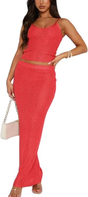 FOMOYUU Two Piece Skirt Set for Women Sexy 2 Piece Sleeveless Spaghetti Strap Tank Top Bodycon Maxi Long Skirts Sets