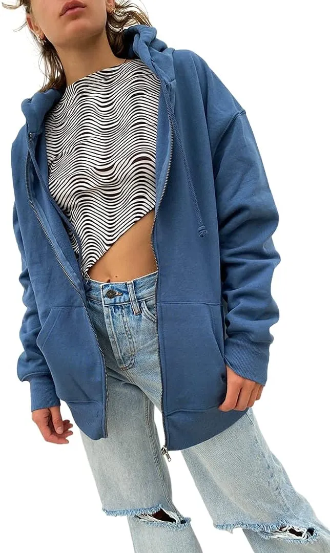 FOMOYUU Women Oversized Zip Up Hoodie E-girl Baggy Loose Solid Hooded Sweatshirt Jacket Outwear Casual Coat