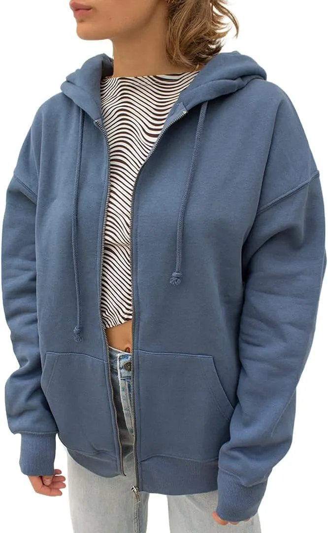 FOMOYUU Women Oversized Zip Up Hoodie E-girl Baggy Loose Solid Hooded Sweatshirt Jacket Outwear Casual Coat