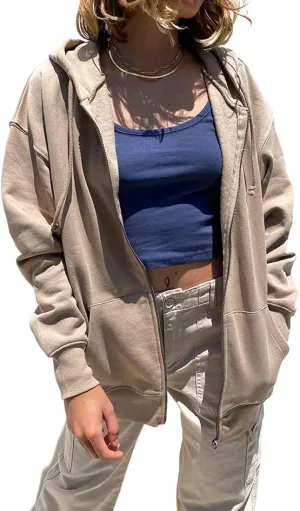 FOMOYUU Women Oversized Zip Up Hoodie E-girl Baggy Loose Solid Hooded Sweatshirt Jacket Outwear Casual Coat