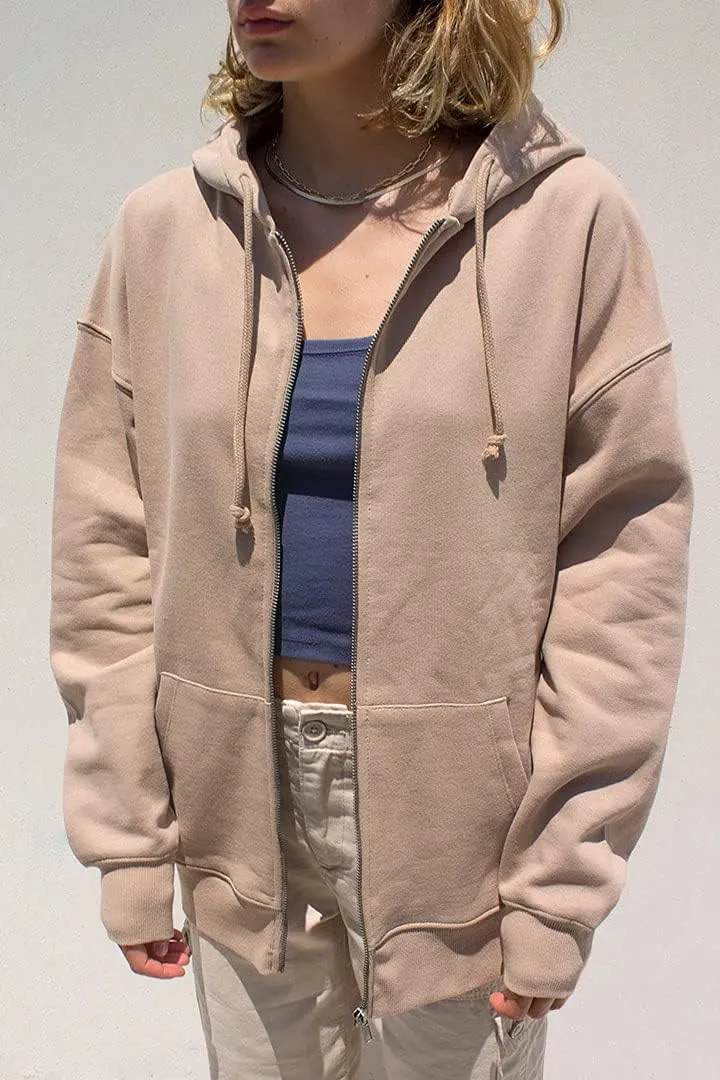 FOMOYUU Women Oversized Zip Up Hoodie E-girl Baggy Loose Solid Hooded Sweatshirt Jacket Outwear Casual Coat